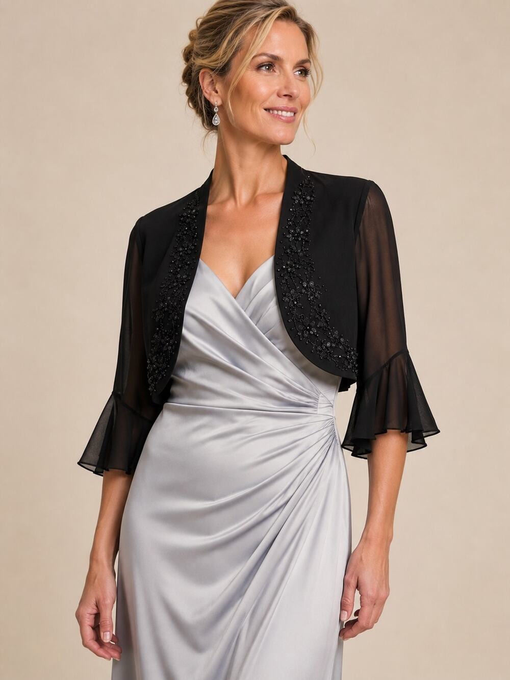 S.L. Fashions Women 20W Black Beaded Bolero Jacket Sheer Bell Sleeve Formal NWT